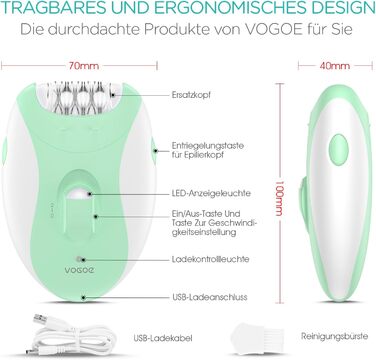 Епілятор VOGOE для жінок для видалення волосся, корпус епілятора 4 в 1, електричний бездротовий, 21 пінцет для обличчя, ніг, рук, бікіні, HR310 зелений
