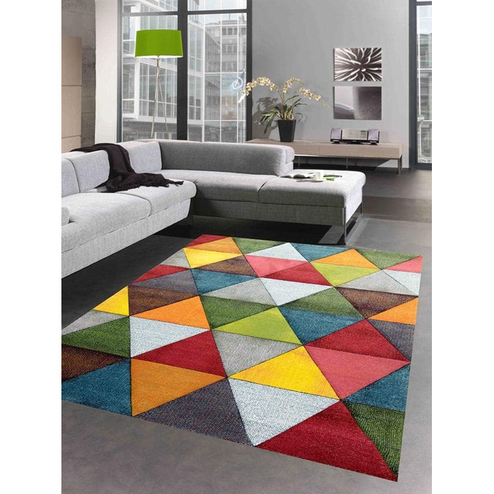 Абстрактний килим для вітальні з сучасним барвистим дизайном у вигляді трикутників оранжевий зелений червоний - легко чиститься ро