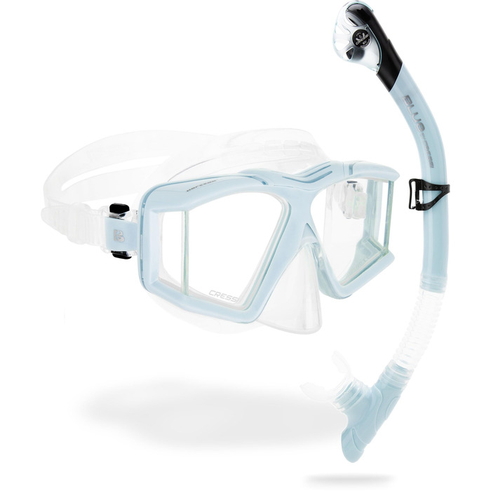 Маска унісекс для дайвінгу та сноркелінгу з 4 окремими загартованими лінзами або комплект маскасноркель Scilla Top Dry Combo для необмеженого кругового огляду Combo Clear/Ice Blue