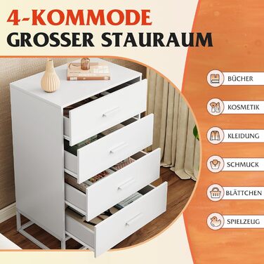 Дерев&39яний комод WLIVE для спальні з 4 шухлядами, тумбочка біля ліжка, комод, високий комод з міцним металевим каркасом для передпокою, вітальні, шафи, білий