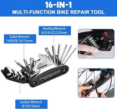 Набір велосипедних інструментів, мультиінструмент 16-в-1 з водонепроникною кришкою, міні-насос, 12 гумових накладок з клейким покриттям, практичне місце для зберігання
