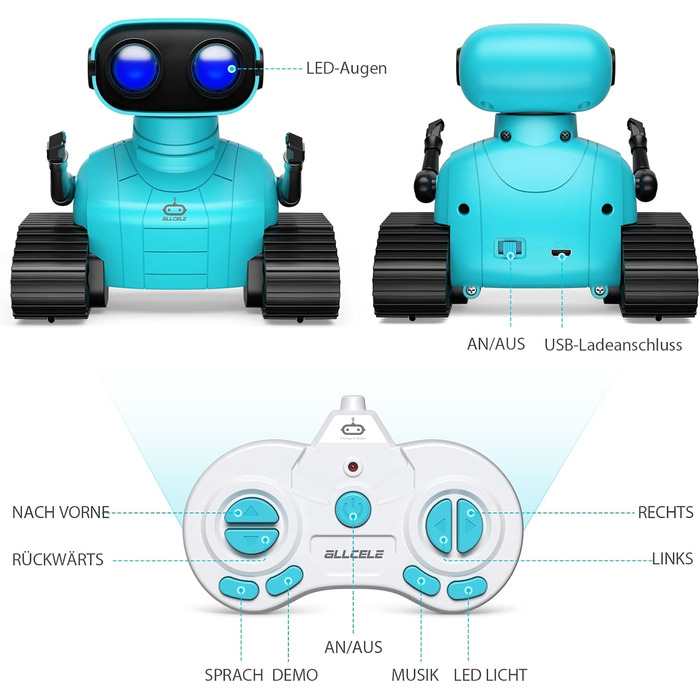 Дитяча іграшка ALLCELE Робот, що перезаряджається на пульті дистанційного керування, зі світлодіодними очима, музикою та цікавими звуками для хлопчиків і дівчаток 3 4 5 6 7 8 років і старше Подарунок - блакитний світло-блакитний стандарт