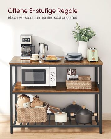 Кухонна полиця VASAGLE з великою стільницею, 3-рівнева полиця для мікрохвильової печі, сталева рама, 60 x 120 x 90 см, промисловий колір, легке складання, вінтажний коричнево-чорний колір KKI01BX Вінтажний коричневий чорний