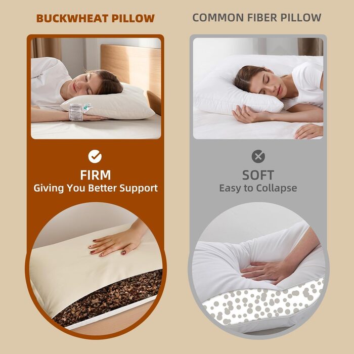 Органічна гречана подушка для сну LOFE, 35,6 x 50,8 см, регульований лофт, дихаюча для прохолодного сну, підтримка шийного відділу хребта для сну на спині та на боці (лушпиння татарської гречки), японський розмір (14 x 20 дюймів), кремовий колір
