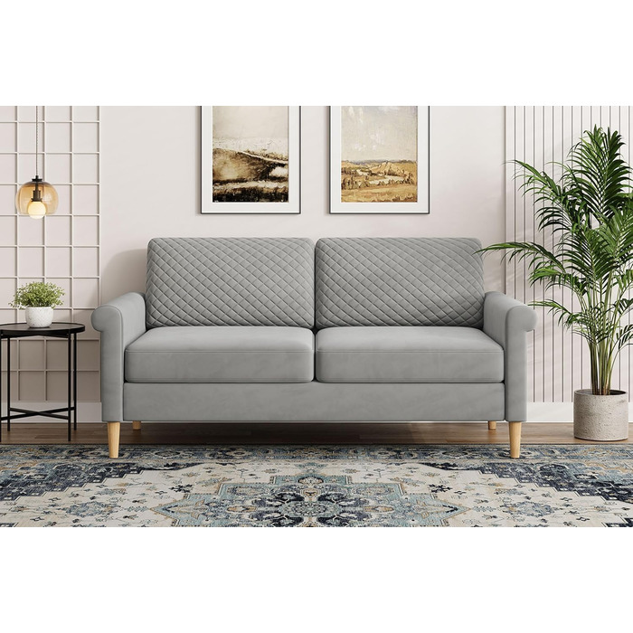 Оксамитовий диван Vesgantti, 2-місний, 164 см диван з кишенями з обох боків, 2-місний диван з 2 подушками та підлокітниками, двомісний диван для вітальні, спальні, офісу, складання без інструментів, 164Д*76Г*85В см, оксамит, сріблясто-сірий