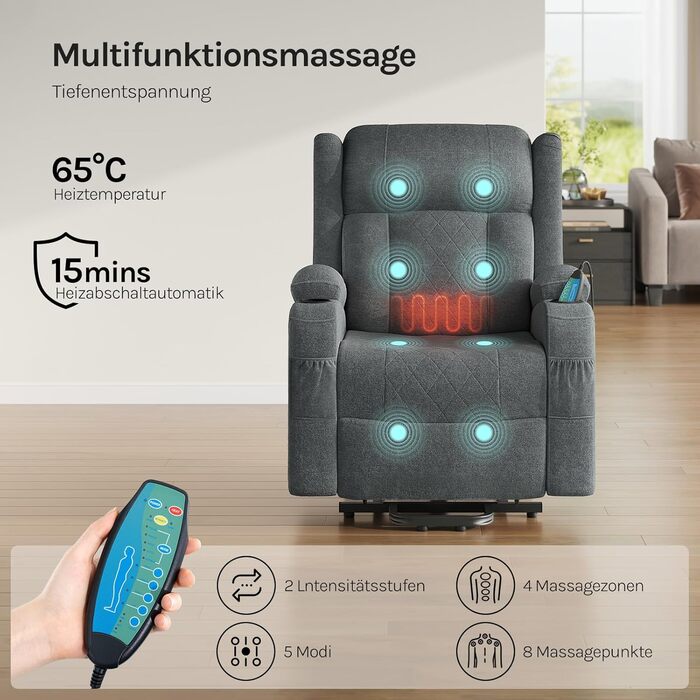Масажне крісло WOLTU, електрично регульоване, з функцією нахилу спинки, підйомник, масаж з підігрівом, підставка для ніг, бічні кишені, підстаканники, USB-порт, махрова тканина, сірий