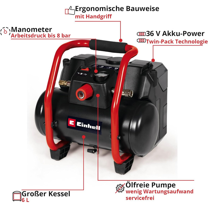 Акумуляторний компресор Einhell TE-AC 36/150 Li OF-Solo Power X-Change (36 В, макс. 8 бар, бак 6 л, продуктивність всмоктування 15