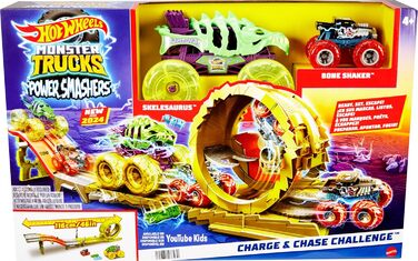 Набір іграшкових вантажівок Hot Wheels Monster Trucks з 2 іграшковими вантажівками надвеликий скелезавр та 1 шейкер для кісток у масштабі 164, Race & Chase Challenge з 2 розбитими машинками, HYT07