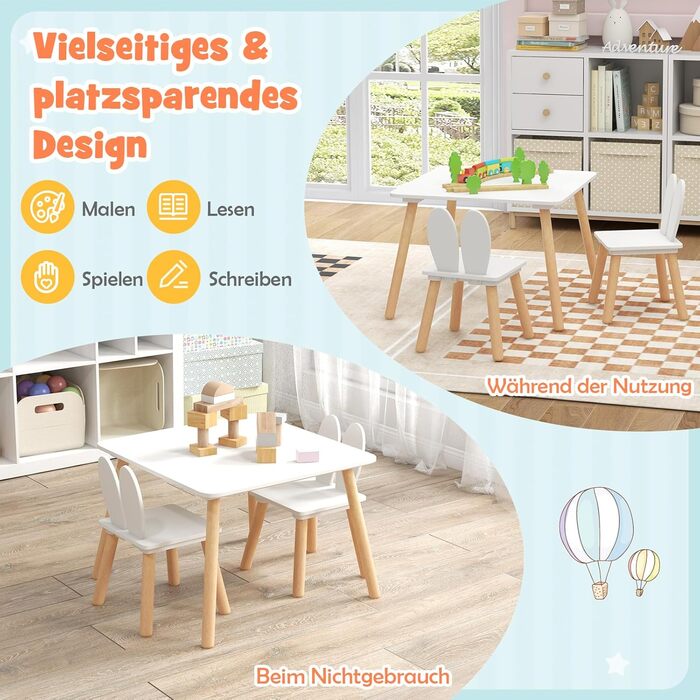 Дитячий стіл DREAMADE з 2 стільцями, комплект дитячих сидінь зі спинкою у формі кролячих вух та ніжками з масиву дерева, комплект із 3 предметів для дітей від 3 років для дитячих кімнат та дитячих садків, білий (білий)