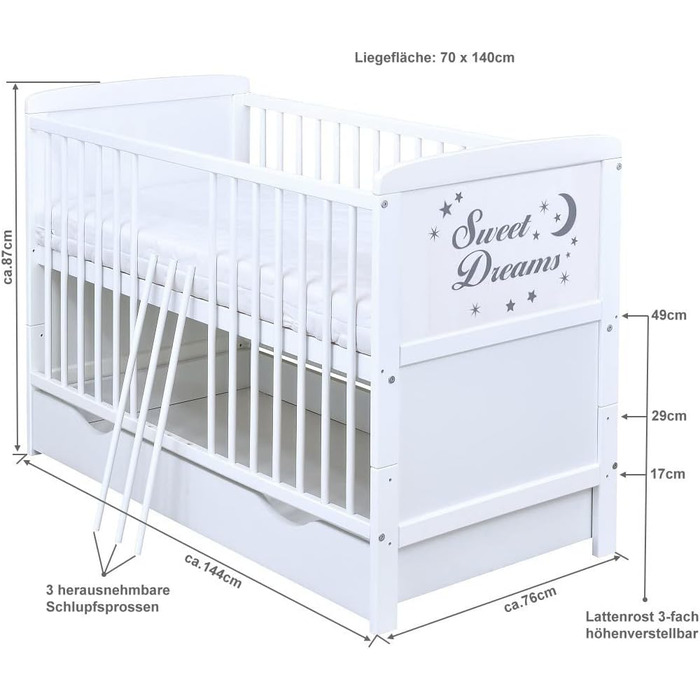 Комплект дитячого ліжка Generic Baby Deluxe 70x140, що трансформується в дитяче ліжко White Sweet Dreams, матрац (з шухлядою), 144Д x 76Ш x 87В см
