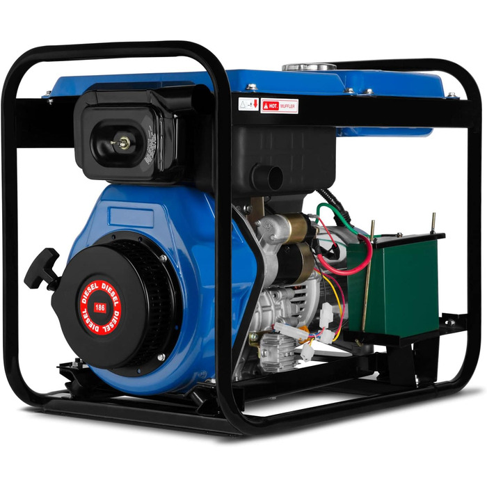 Дизельний аварійний генератор EBERTH потужністю 5000 Вт, генератор з дизельним двигуном потужністю 10 к.с., 4-тактний, електричний запуск, 3-фазний, 400 В, 230 В, 12 В, автоматичний регулятор напруги (AVR), захист від низького рівня оливи, 3-фазний (400 В