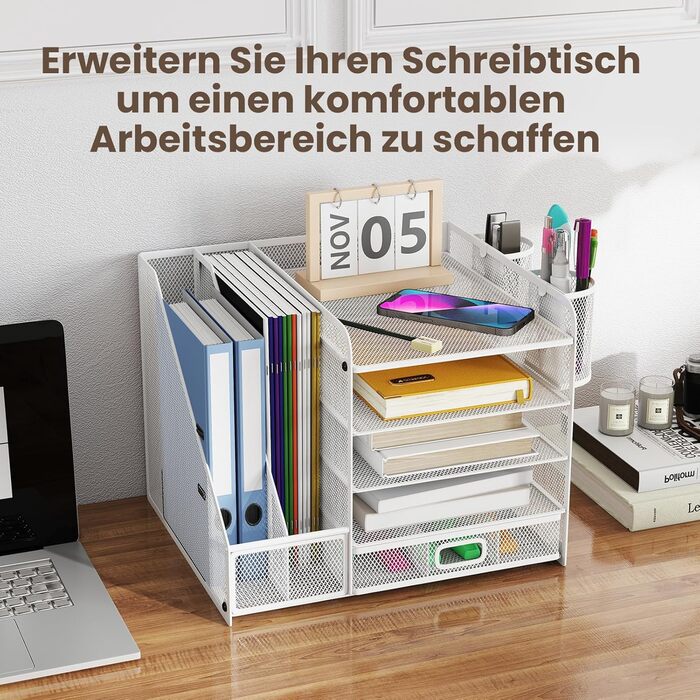 Рівневий сітчастий органайзер для столу з шухлядою, лотками для файлів та тримачами для ручок - рішення для зберігання офісного та художнього приладдя для паперу для малювання, сортувальника олівців, тримача для журналів (білий), 5-