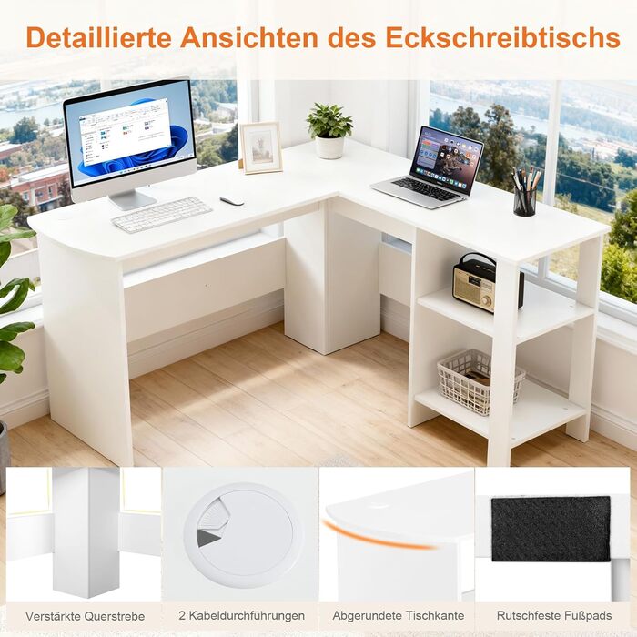 Г-подібний стіл Sweetcrispy з полицею та шафою, 130x130x74 см, кутовий стіл, міцний ігровий стіл з місцем для зберігання, легке складання, білий 130x130x74 см