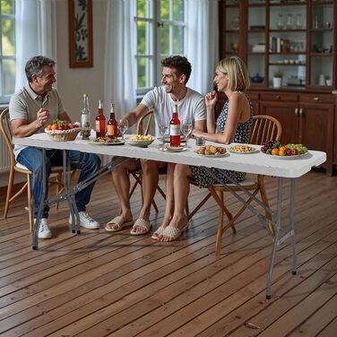 Розкладний фуршетний стіл VEVOR, портативний універсальний стіл, 244 см, прямокутний пластиковий стіл (для 6-8 осіб) з інтегрованою ручкою, садовий стіл, кемпінговий стіл для вечірок, пікніків, кемпінгу, білий