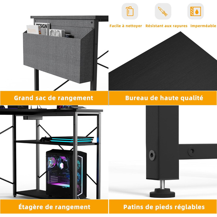 Г-подібний стіл BEXEVUE ігровий стіл 120x70 см з відділеннями для зберігання, двосторонній кутовий стіл для ПК, комп&39ютерний стіл, кутовий ігровий стіл для навчання, роботи, дому, спальні, чорний 120 x 70 см