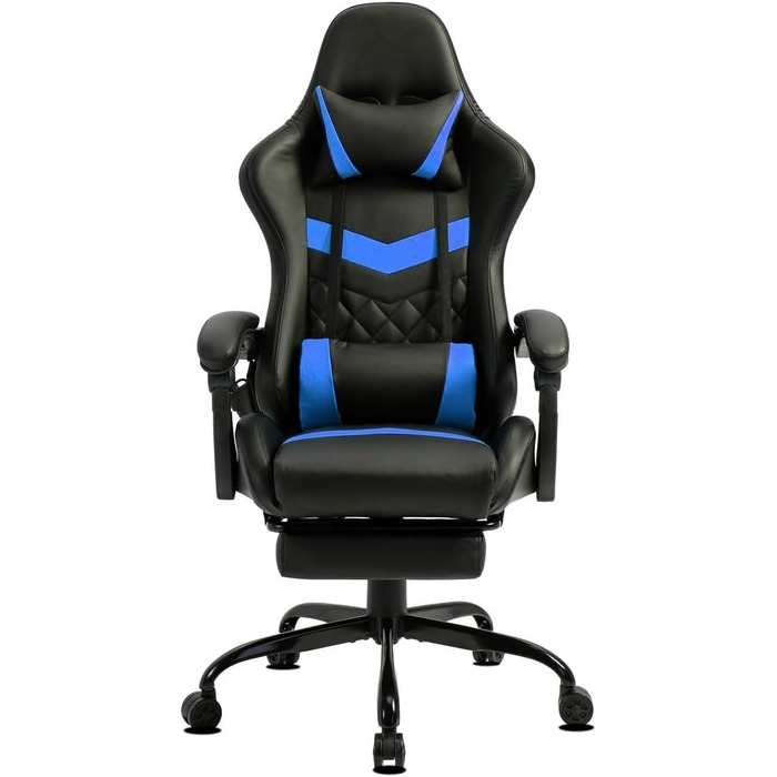 Ігрове крісло Delman, гоночне крісло, офісне крісло, комп&39ютерне крісло, масажне крісло з 6 точками вібрації, крісло керівника, штучна шкіра, ергономічна підставка для ніг 12-0037 (синє)