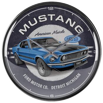 Ретро-настінний годинник Nostalgic-Art, Ø 31 см, Ford Mustang 1969 Mach 1 Blue ідея подарунка для фанатів Ford, оригінальний ліцензійний продукт (OLP), великий кухонний годинник у вінтажному дизайні