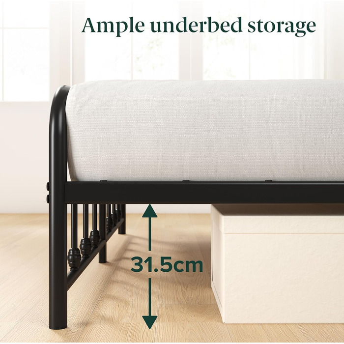 Ліжко Zinus Florence 140x200 см з вінтажним узголів&39ям - Металеве ліжко 140x200 з металевою рейковою основою - Платформа заввишки 35 см з простором під нею - Пружинний матрац не потрібен - Чорний, вінтажний індустріальний стиль 140x200 см Чорний