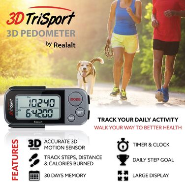 Крокомір Realalt 3DTriSport 3D із затискачем та ремінцем, включаючи електронну книгу 30-денна пам&39ять, точний лічильник кроків, пройдена відстань у милях/км, лічильник калорій, щоденний моніторинг часу тренування, сірий