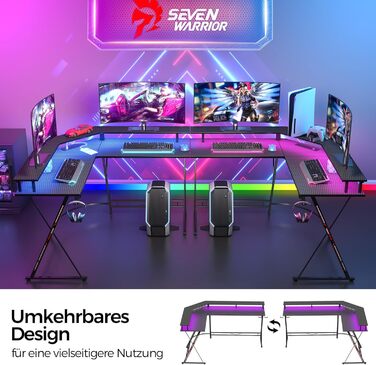Ігровий стіл SEVEN WARRIOR L-подібної форми, ігровий стіл з розеткою, світлодіодне освітлення, підставка для монітора та 2 гачки, кутовий стіл з карбоновою поверхнею, комп&39ютерний стіл для спальні (127 x 127 см) 127 см