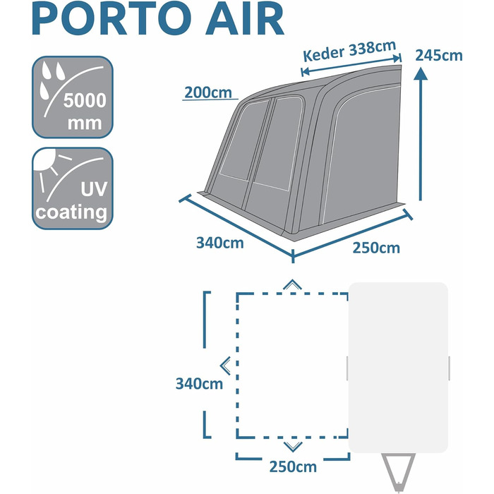 Ваш GEAR Porto Air - надувний тент 340 х 250 см - навіс від сонця - туристичний тент - караванний тент