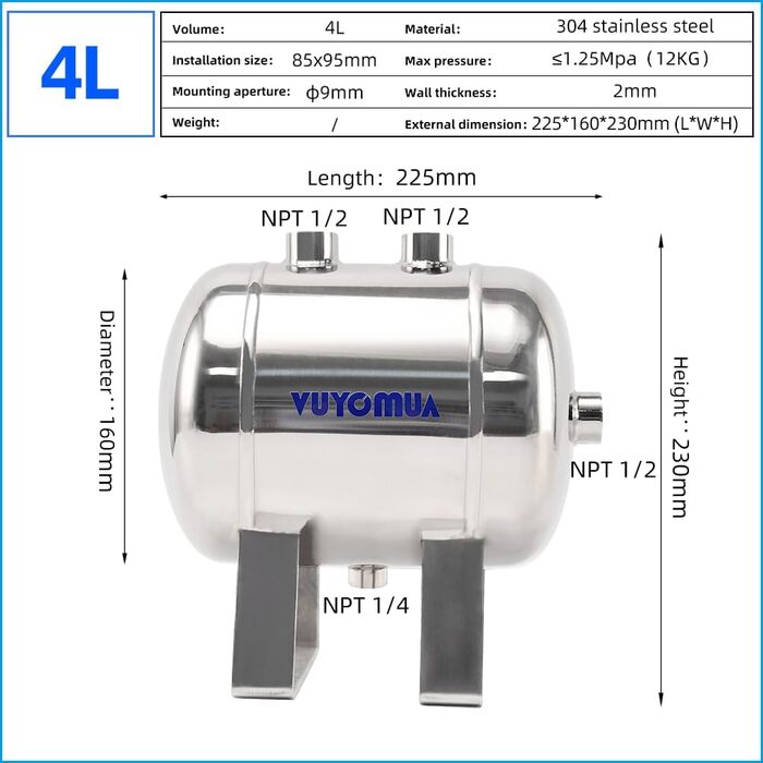 Міні-невеликий портативний повітряний бак високого тиску з нержавіючої сталі Резервуар для зберігання води з повітряним резервуаром (0.8L-SG) (4L-SG), 304