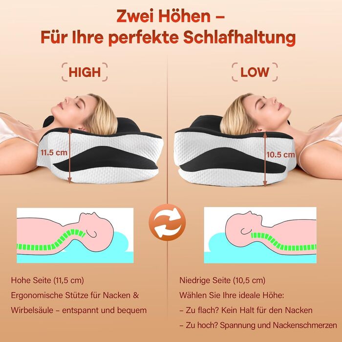 Подушка для шиї - Подушка з піни з ефектом пам&39яті - Подушка для зняття болю в шиї - Ергономічна подушка для сну на боці - Подушка для підтримки шиї для сну на боці, спині та животі - Чорна