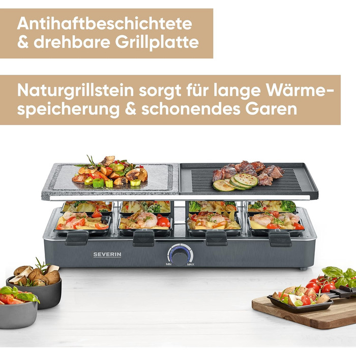 Гриль SEVERIN Raclette з натуральним каменем гриля та пластиною для гриля, раклет з антипригарною пластиною для гриля та 8 сковородами, настільний гриль на 8 осіб, макс. 1300 Вт, чорний, поворотний регулятор RG 2371 з індикатором
