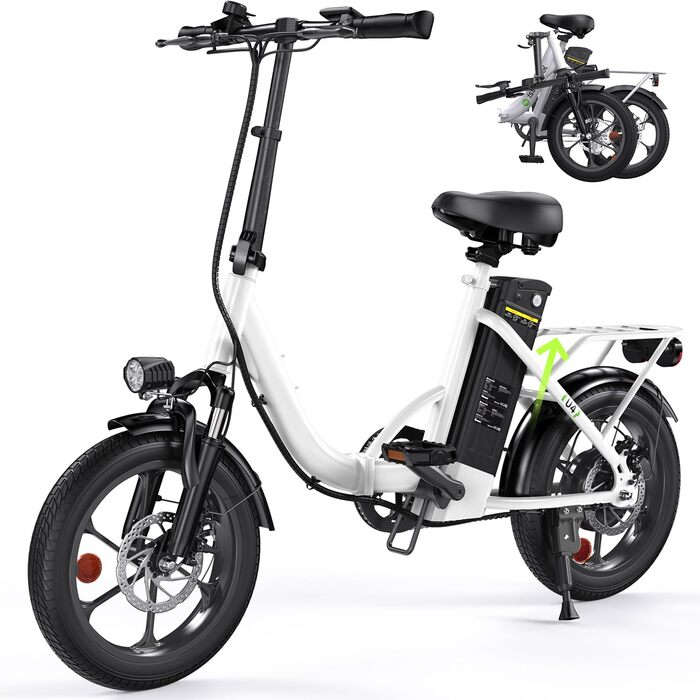 Складаний електровелосипед Finbike 16 * 2,15 дюйма з товстими шинами, портативний електровелосипед зі знімним акумулятором 10,4 Аг, 4 режими їзди, дальність PAS MAX 88 км, складний електровелосипед для чоловіків та жінок для поїздок на роботу, 16 дюймів б