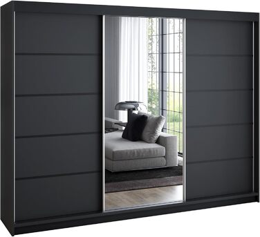 Шафа з 2 розсувними дверима, 3-дверна, 200 см, з дзеркалом, 4 шухлядами та 2 рейками для одягу, Містка шафа для спальні (чорна) Чорний / Чорний / Чорний