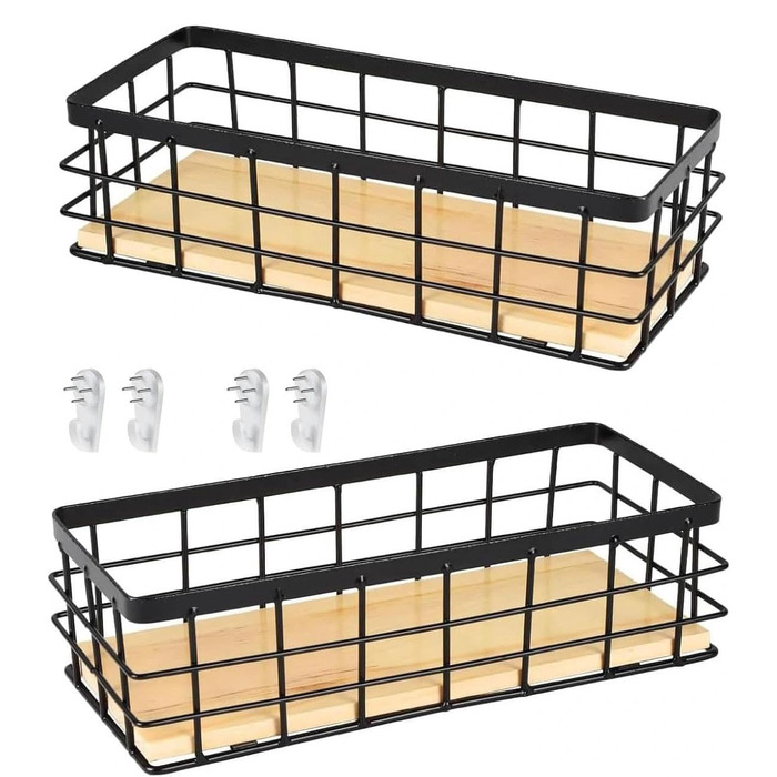 Дротяний кошик, металевий кошик, металевий кошик для зберігання у ванній кімнаті, металевий кошик зі знімною дерев&39яною основою, настінний кошик для дому, для фруктів та закусок, кухонна комора, 2 предмети, 29x13x10 см, чорний