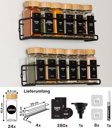 Настінна підставка для спецій Deco haus (свердління не потрібне) З 24 БАНКАМИ ДЛЯ СПЕЦІЙ ТА ЕТИКЕТКАМИ - Підвісна підставка для спецій, набір з 4 шт. - Настінний тримач для спецій - Клейкі підставки для спецій для дверцят шаф - Органайзер для підставок дл