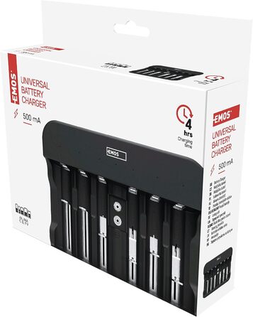 Універсальний зарядний пристрій EMOS для NiMH та NiCd акумуляторів, швидкий зарядний пристрій 500 мА, для 1-6 акумуляторних батарей AAA, AA, C, D, 9V, включаючи кабель USB-C, світлодіодний індикатор, захист батареї, функції безпеки