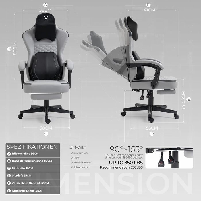 Ігрове крісло з підігрівом та масажною поперековою опорою, ергономічне ігрове комп&39ютерне крісло з пружинними подушками та підставкою для ніг, крісло для ПК з високою спинкою та відкидним кріслом для дорослих, сірий колір