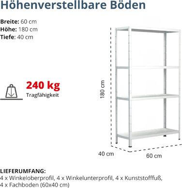 Стелаж SCHULTE з 4 полицями PowerMAX, вантажопідйомність 60 кг, 180x60x40 см (ВxШxГ), білий, полиця для зберігання, полиця для майстерні, полиця для підвалу, полиця для гаража, металева полиця, білий 180x60x40 см