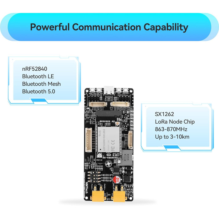 Плата розробки MeshSolar для літій-іонних систем BMS BLE/LoRa, мікроконтролер nRF52840 SX1262 LoRa. Підтримує Bluetooth та LoRa 868 МГц. Сумісний з літій-полімерним акумулятором Meshtastic.