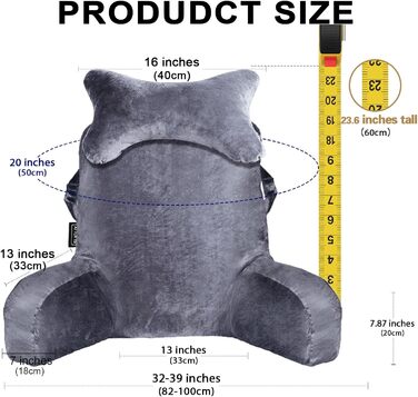 Подушка для читання для сидіння в ліжку або на дивані для дорослих, подушка для спини з кишенями, подушка для спини для дорослих, крісло-ліжко для відпочинку, читання, перегляду телевізора, ігор, темно-сірий