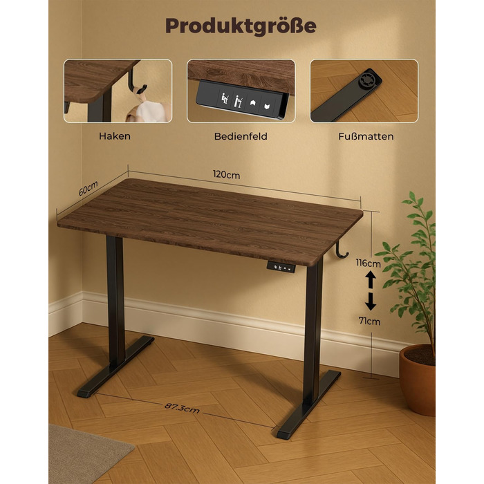 Стіл з регульованою висотою, 120 x 60 см, пам&39ять налаштувань висоти з 2 режимами, легке складання, для домашнього офісу, навчання та ігор, вінтажно-коричневий