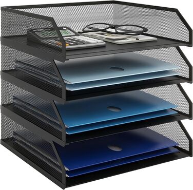 Лоток для документів PUNCIA A4, лоток для листів з 4 металевими відділеннями, органайзер для файлів, лоток для паперу, система для зберігання документів, тримач для документів для офісу, навчання, школи, чорний, 32 x 24,5 x 30 см