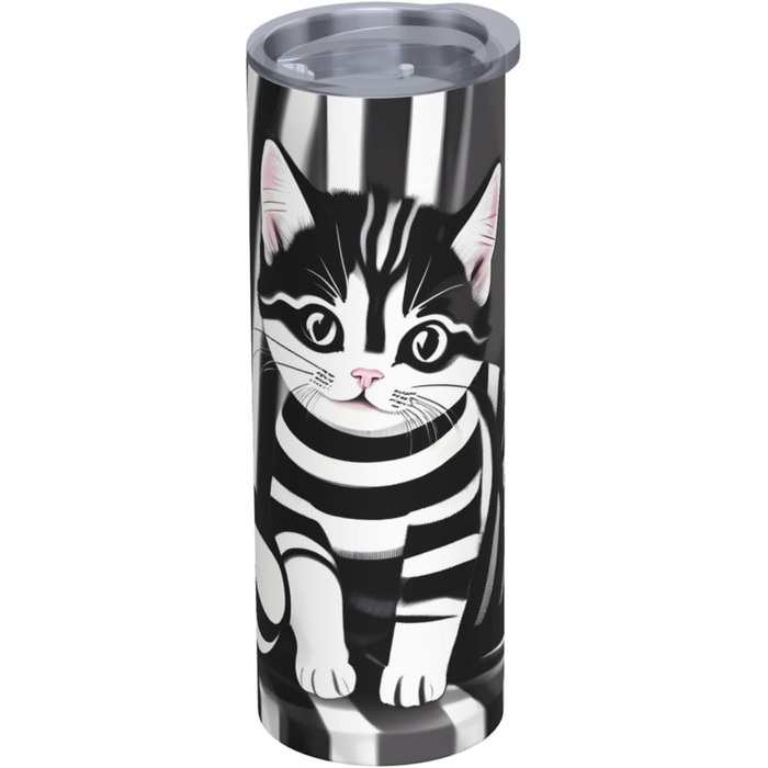 Кухоль з прямою трубочкою, 590 мл, чорно-білий смугастий принт кошенят, дорожній кухоль, підходить для кемпінгу, офісу та дому