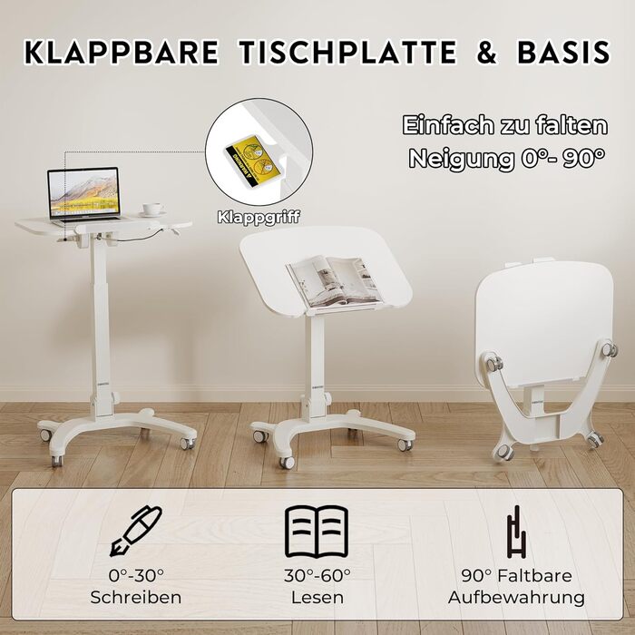 Складаний комп&39ютерний стіл BONTEC 65x50 см, регульована висота з 4 колесами, стіл для ноутбука, складаний, бічний столик для офісу, вітальні, спальні, до 12 кг, ідеально підходить для домашнього офісу та невеликих приміщень, білий