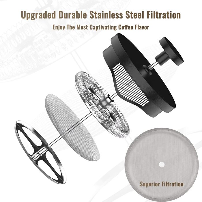 Френч-прес RAINBEAN 600 мл, кавоварка френч-прес, кавоварка з 3 фільтрами, термостійке товсте боросилікатне скло, чайний прес