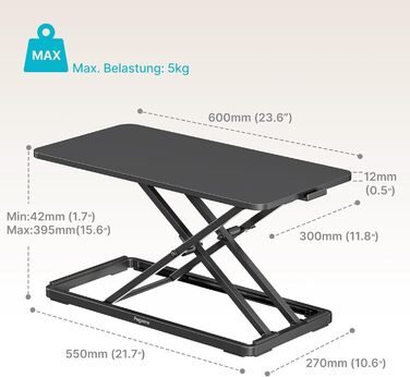 Стіл з регульованою висотою для роботи сидячи та стоячи, ергономічна підставка, стіл для роботи стоячи 61 x 30 см, складаний столик для ноутбука, чорний