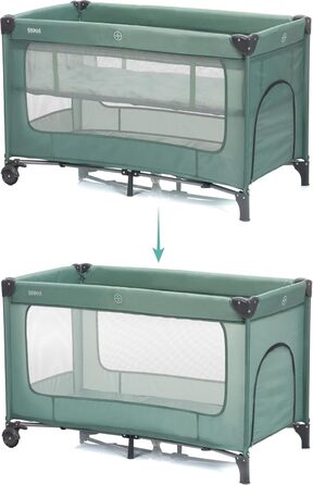 Дорожнє ліжечко Fillikid Capri від народження - 15 кг з регульованим вкладишем, 2 колесами, входом, пеленальний килимок, лоток для підгузків, мобільний телефон та сумка для перенесення - зелений