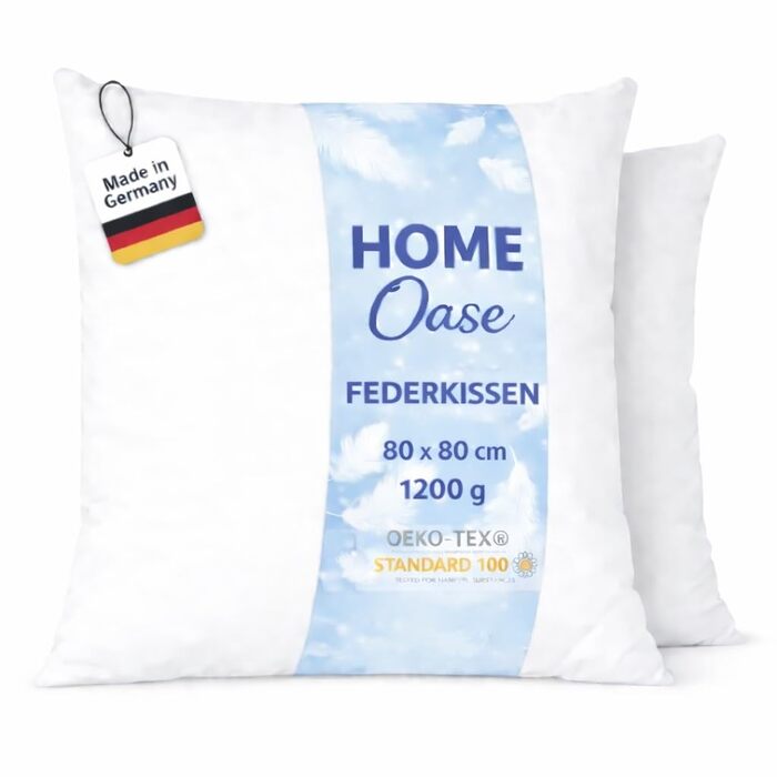 Пухові подушки 80x80 см (комплект з 2 шт.) - Подушки зі 100 пір&39яним наповнювачем та бавовняним чохлом, сертифіковані Oeko-Tex та виготовлені в Німеччині, ідеально підходять для алергіків та дітей, наповнювач 1200 г, комплект з 2 шт., 80 x 80 см