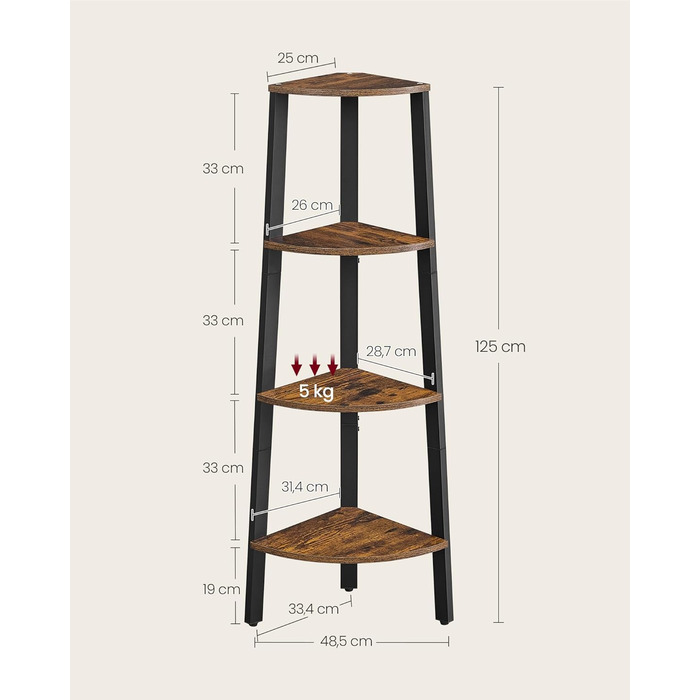 Кутова полиця VASAGLE, 4-рівнева книжкова шафа, полиця-драбина, полиця для зберігання, підставка для рослин для вітальні, промисловий дизайн, зі сталевим каркасом, вінтажний коричнево-чорний LLS34 шт. 4-рівнева (33,4Ш см) вінтажний коричневий чорний