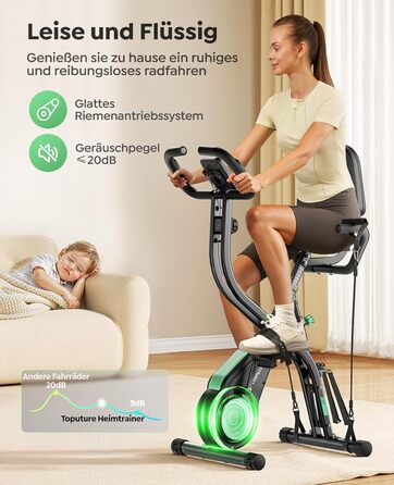 Новий складаний велотренажер Toputure із застосунком, ергометр 5-в-1 з тросами опору для рук і ніг, 16 магнітних рівнів опору, домашній тренажер до 140 кг, ультратихий зелений
