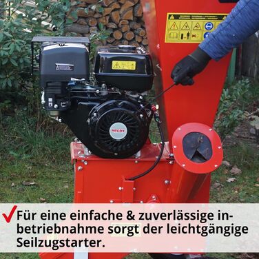 Великий бензиновий подрібнювач HECHT з потужним 4-тактним двигуном потужністю 13 к.с. і об'ємом 389 куб.см - ідеально підходить для подрібнення садових відходів, гілок і деревини діаметром до 89 мм - з двома завантажувальними бункерами, шасі, дишлом