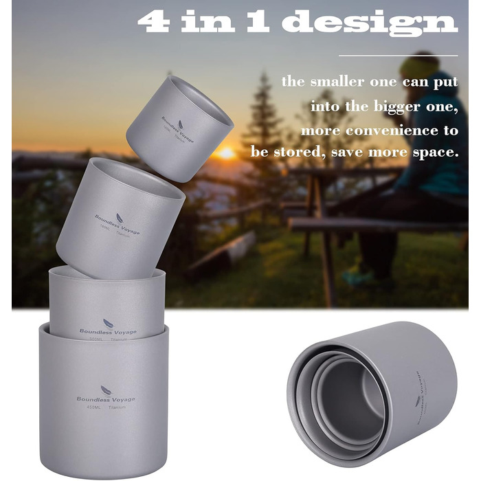 Безмежна подорож 4 в 1 титанова кружка міні-ізольована двостінна чашка для кемпінгу на відкритому повітрі складна кава/чай посуд легкий міцний посуд для щоденного використання, походів Ti3032D