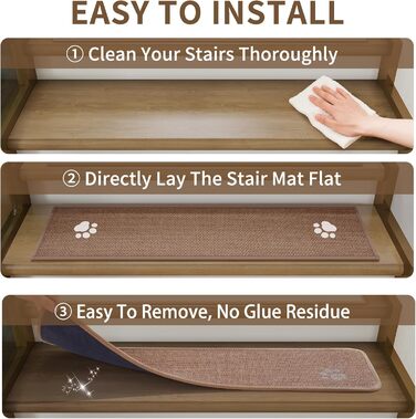 Сходинки для внутрішніх сходів, нековзні з гумовою основою, без залишків, підходять для дітей, людей похилого віку та домашніх тварин, можна прати в пральній машині, 20,3 x 76,2 см, коричневі